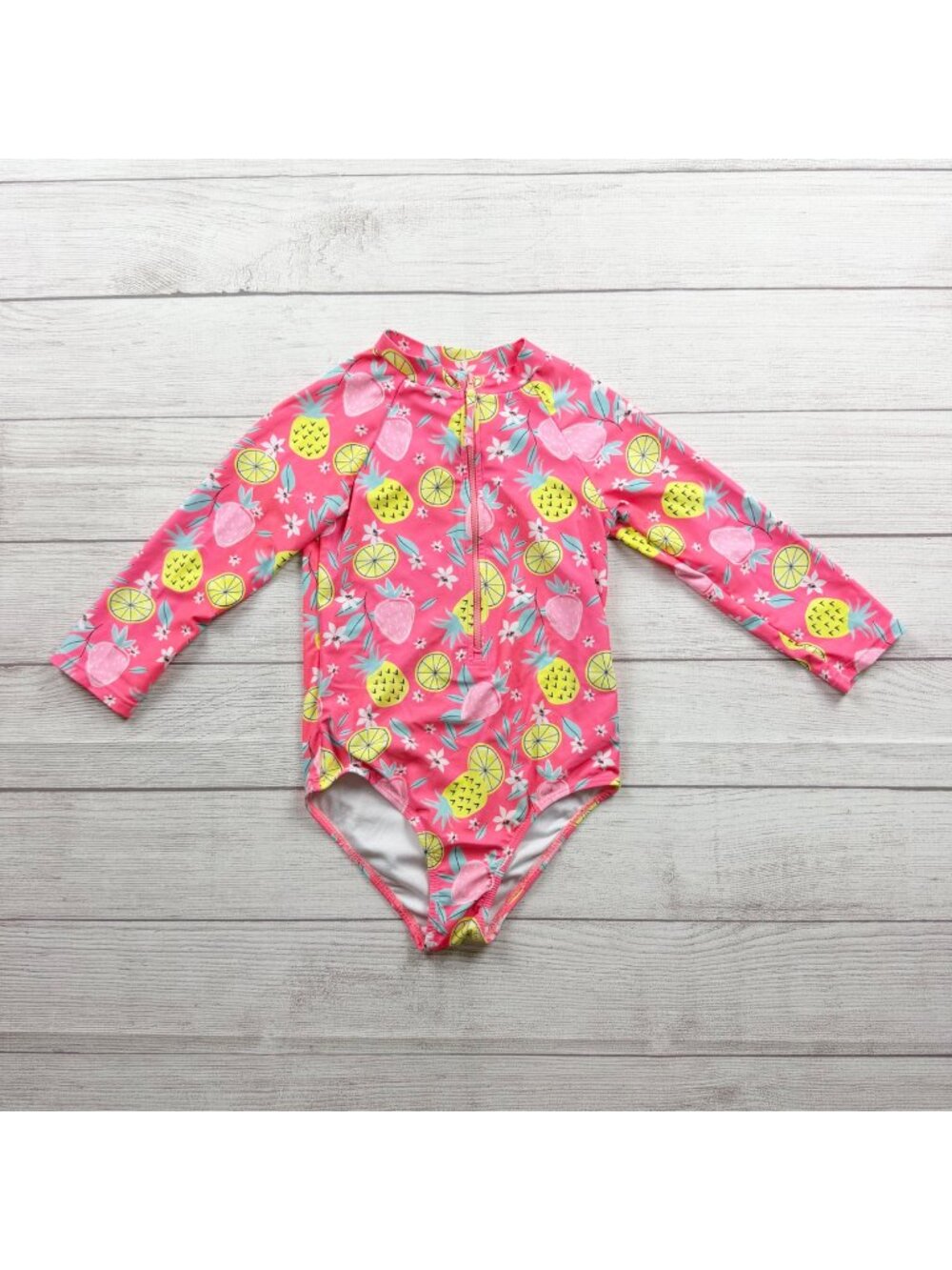 Berkley Jensen Girls One Piece Long Sleeve Swimsuit Pink Fruit Print UPF 50+ 7-8